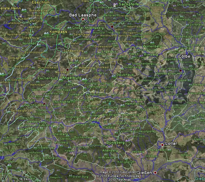 Screenshot vom Gladenbacher Bergland mit nur einigen, wenigen Erhebungen, aber allen Naturraumgrenzen