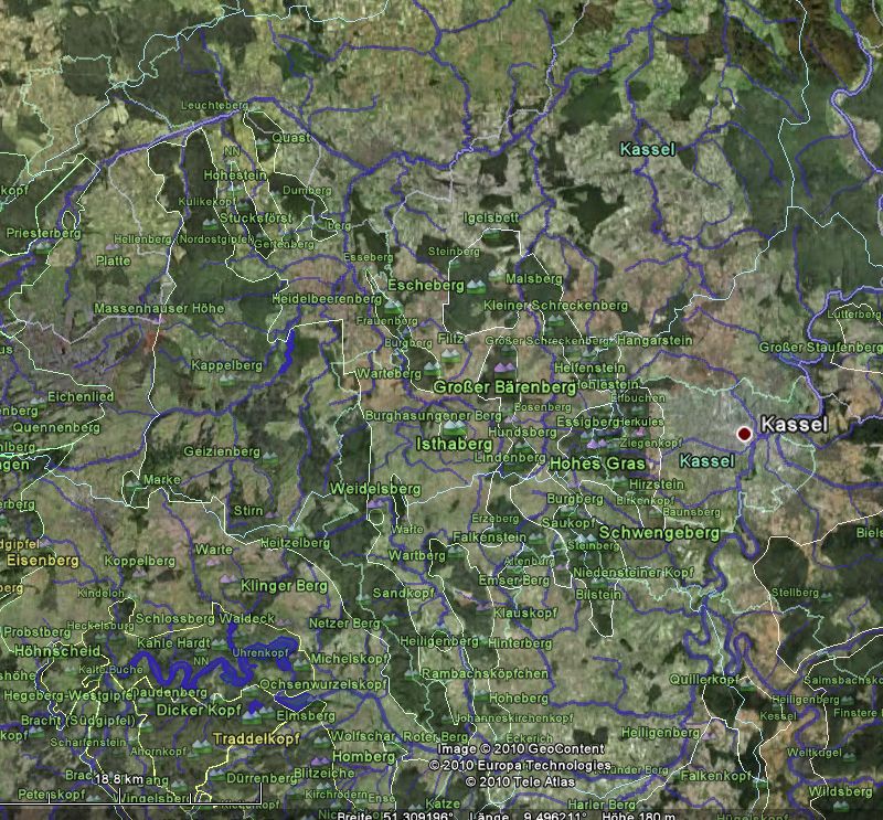 Screenshot von Habichtswald und Waldecker Wald mit Naturraumgrenzen und Erhebungen